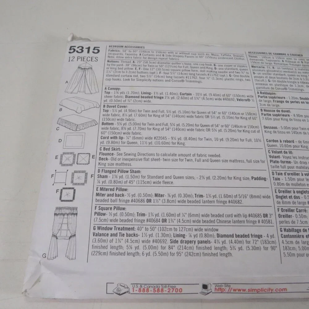 Simplicity 5315 Sewing Pattern UNCUT Canopy, Duvet Cover, Bed Skirt, etc